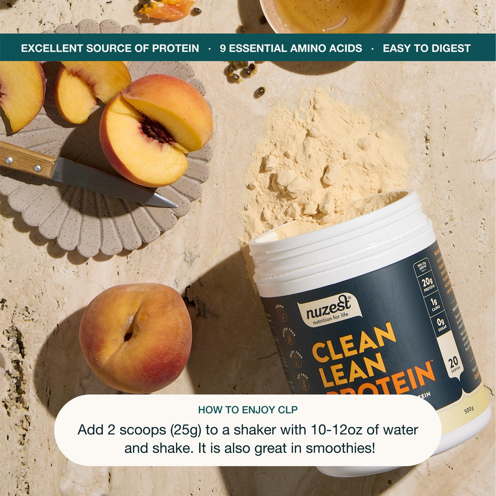 Nuzest protein powder packaging eco-friendly appeal.