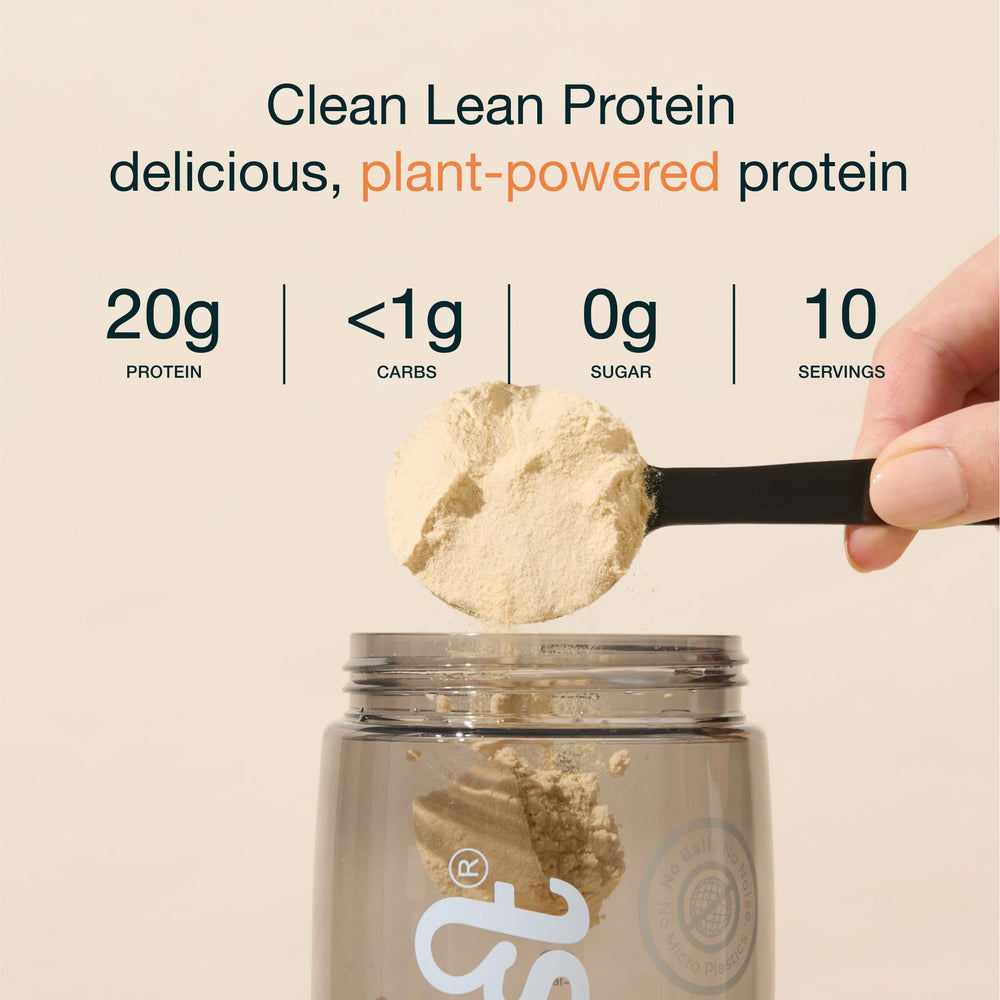 Nuzest pea protein packaging shows ingredient list for clean diet.