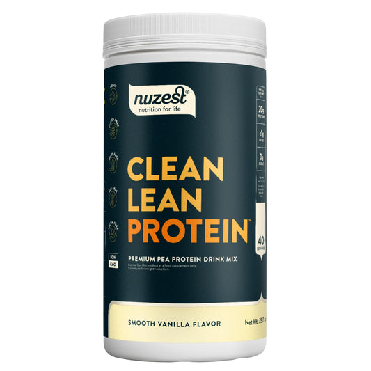 Nuzest pea protein powder canister with smooth vanilla label highlighting high protein and vegan nutrition.