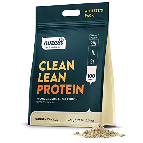 Nuzest pea protein powder canister with vanilla for a clean vegan shake