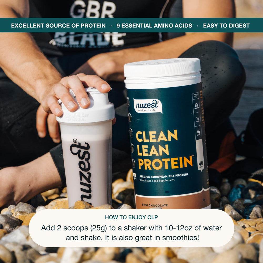 Nuzest serving cup with 20g protein and low carbs.