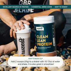 Nuzest serving cup with 20g protein and low carbs.