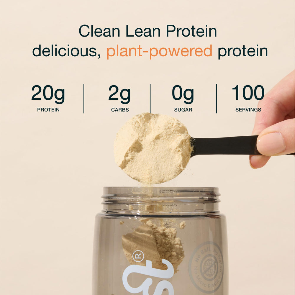 Nuzest pea protein powder tub label closeup; allergen-free and gluten-free.