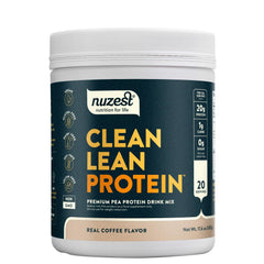 Nuzest Real Coffee pea protein bag front shows vegan allergen-free ingredients.