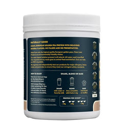Nuzest Real Coffee pea protein scoop dispensing for post-workout shakes.