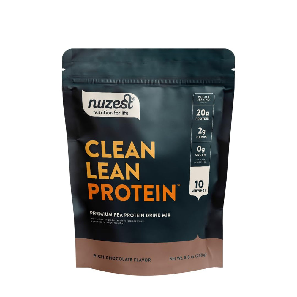 Nuzest pea protein tub front, premium vegan protein for daily use