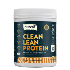 Nuzest salted caramel pea protein powder tub front for post-workout fuel