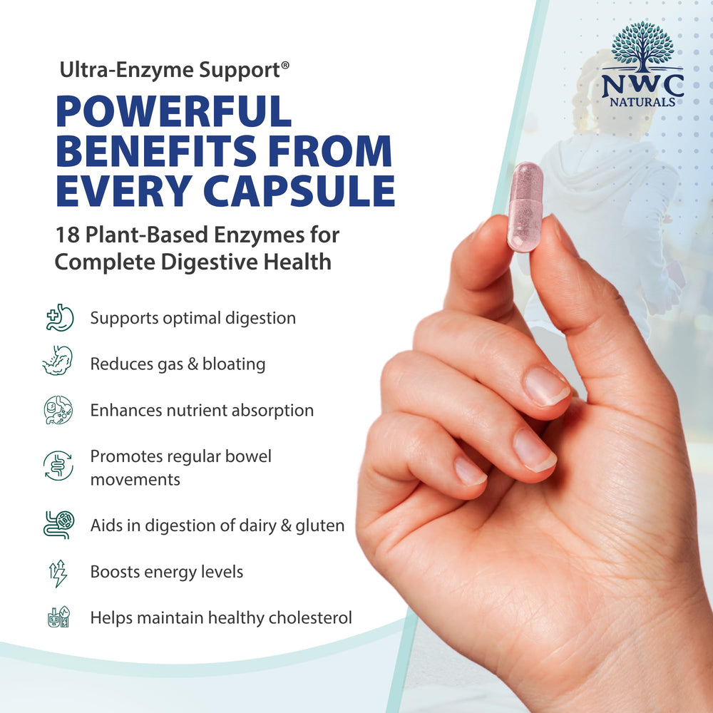 Ultra-Enzyme Support capsules closeup showing vegetarian enzyme capsules