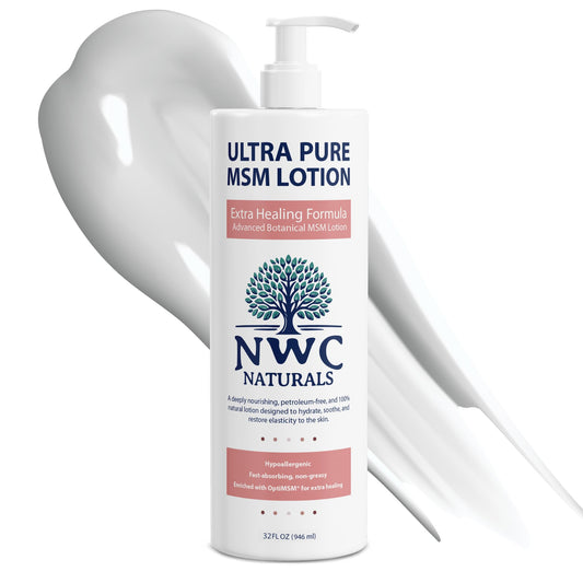 NWC Naturals Ultra-Pure MSM Lotion bottle showing natural hydration for daily care.