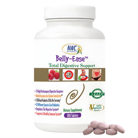 NWC Naturals Belly-Ease chewable tablets close-up, supporting gentle digestion and nutrient absorption.