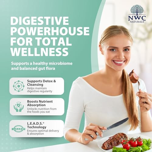 NWC Naturals Belly-Ease enzyme-probiotic blend illustration emphasizes multiple digestive enzymes.
