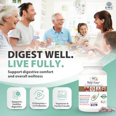 NWC Naturals Belly-Ease supplement facts panel highlights enzymes and probiotics for gut health.