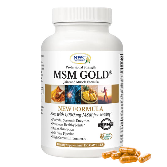 NWC Naturals MSM Gold bottle front view highlights joint support formula.