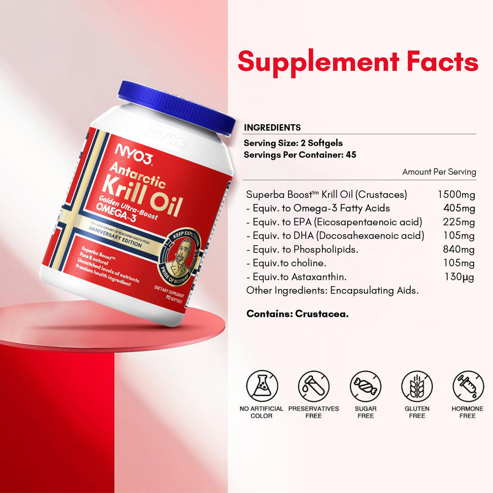NYO3 Krill Oil with astaxanthin highlighting antioxidant-rich formulation