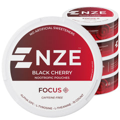 NZE caffeine-free nootropic pouches in black cherry can for on-the-go focus