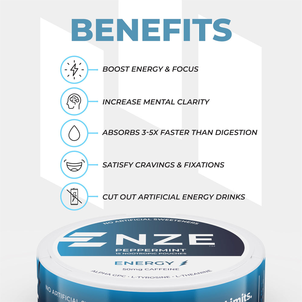 NZE Peppermint pouch ingredients panel emphasizes natural sweeteners for sugar-free energy.