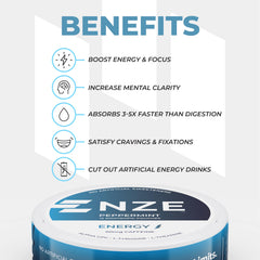 NZE Peppermint pouch ingredients panel emphasizes natural sweeteners for sugar-free energy.