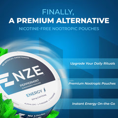 NZE Peppermint pouch open can showing 50mg caffeine and nicotine-free formula.