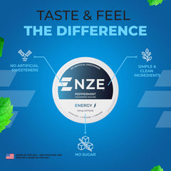 NZE Peppermint pouch packaging and branding visible for on-the-go use.