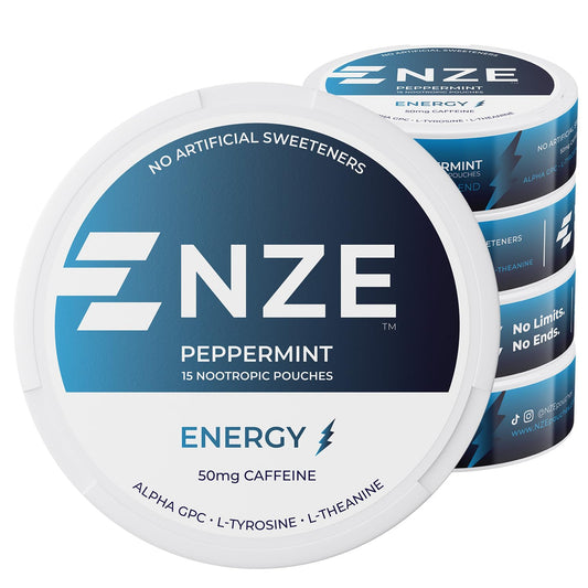 NZE Peppermint Caffeine Nootropic Pouch pack shot for quick energy without sugar.