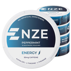 NZE Peppermint Caffeine Nootropic Pouch pack shot for quick energy without sugar.
