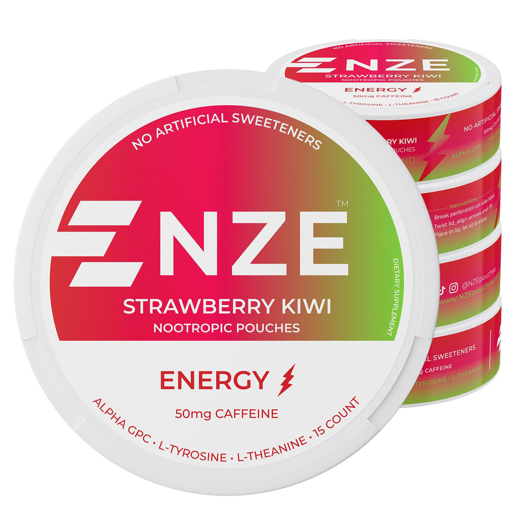 NZE Caffeine Nootropic Pouches can-front view shows a clean, energy-boosting design.