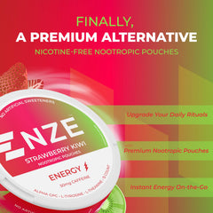 NZE Strawberry Kiwi pouch-side view highlights a sugar-free formula for steady energy.