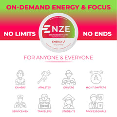 NZE Caffeine Nootropic Pouches flavor-swatches show Strawberry Kiwi taste profile.
