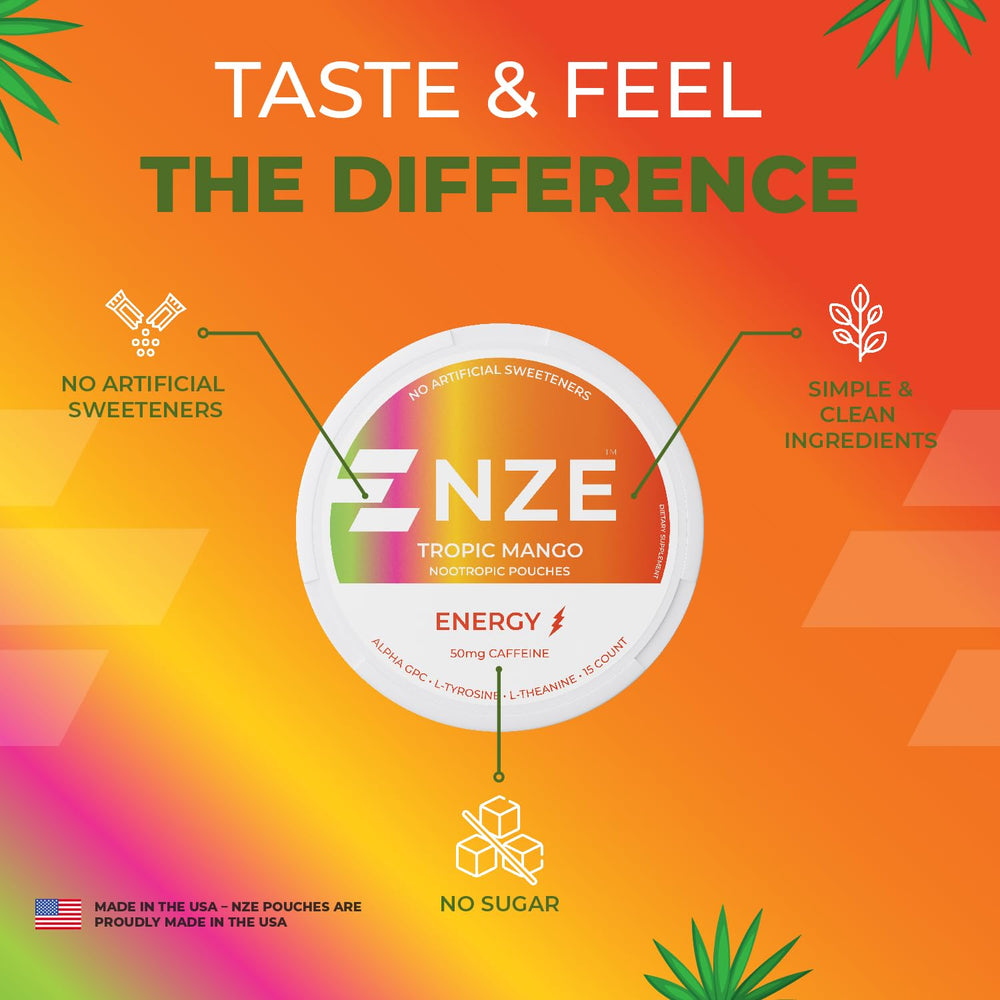 NZE Caffeine Nootropic Pouches Tropic Mango flavor visual communicates tropical taste with no sugar.