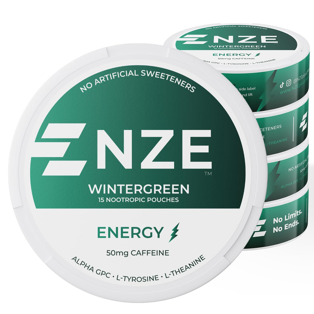 NZE Caffeine Nootropic Pouches Wintergreen can front showing brand for quick energy