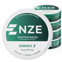 NZE Caffeine Nootropic Pouches Wintergreen can front showing brand for quick energy