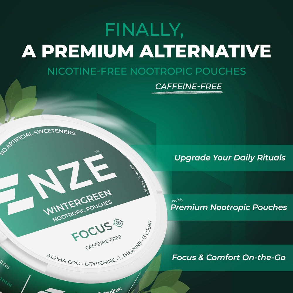 NZE Focus pouches USA-made banner emphasizing premium ingredients and quality standards.