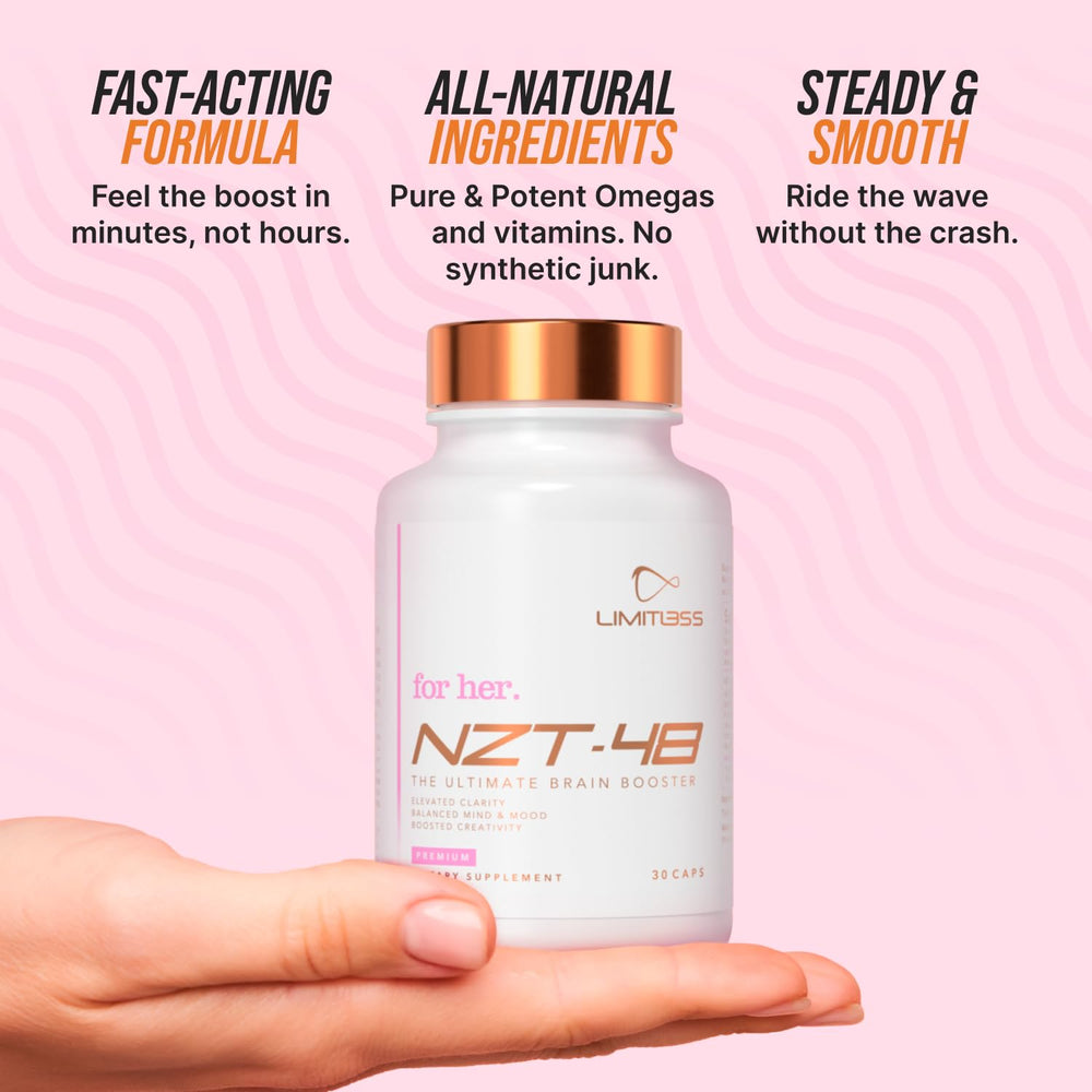NZT-48 Premium Brain Booster for Her packaging on a clean desk.