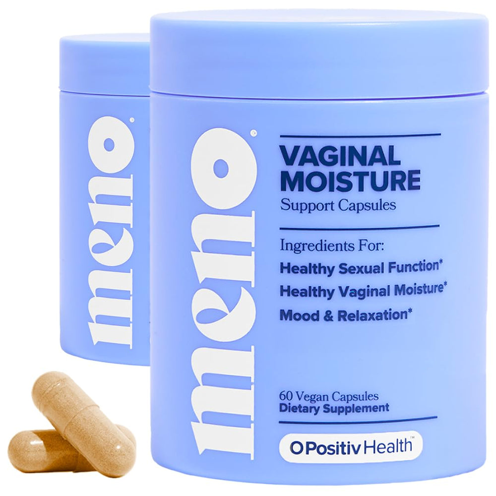 O Positiv MENO bottle shows capsules for daily moisture support.