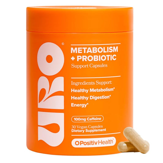 O Positiv URO Metabolism bottle shown for daily energy support and gut balance.