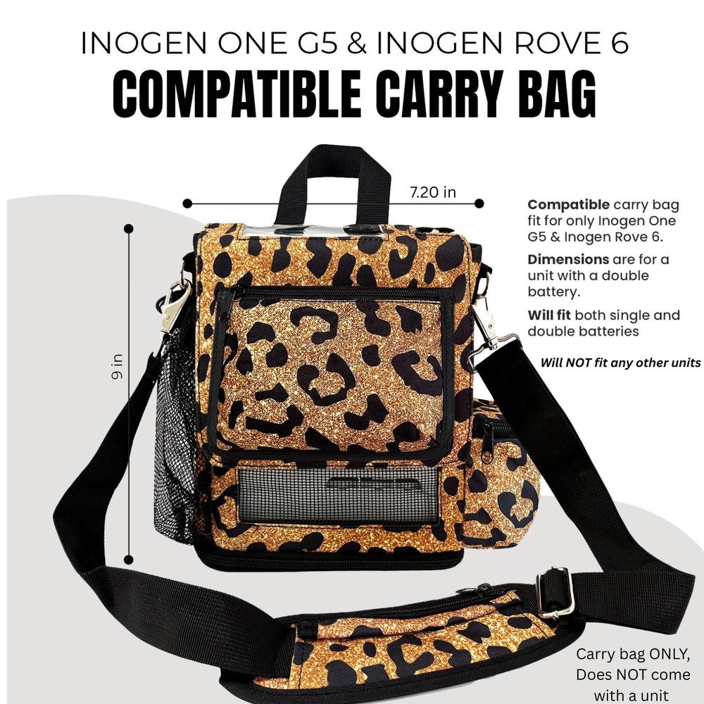 O2TOTES leopard print carry bag exterior pockets hold essential accessories.