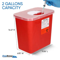 Oakridge Products 2-gallon sharps container for larger disposal needs.