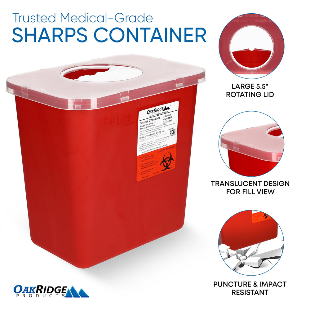 Oakridge Products USA-made sharps container with secure lid for reliable containment.