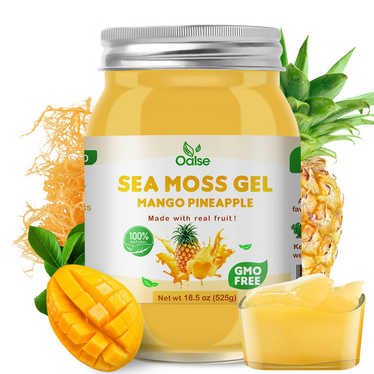 OALSE Sea Moss Gel Mango Pineapple bottle shows shelf-stable packaging for easy daily use