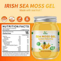 OALSE Sea Moss Gel Mango Pineapple jar highlights rich minerals and plant-based nutrition
