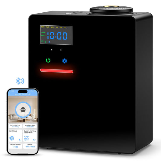 OANDYS waterless diffuser shows 5000 sq ft coverage for even scent.