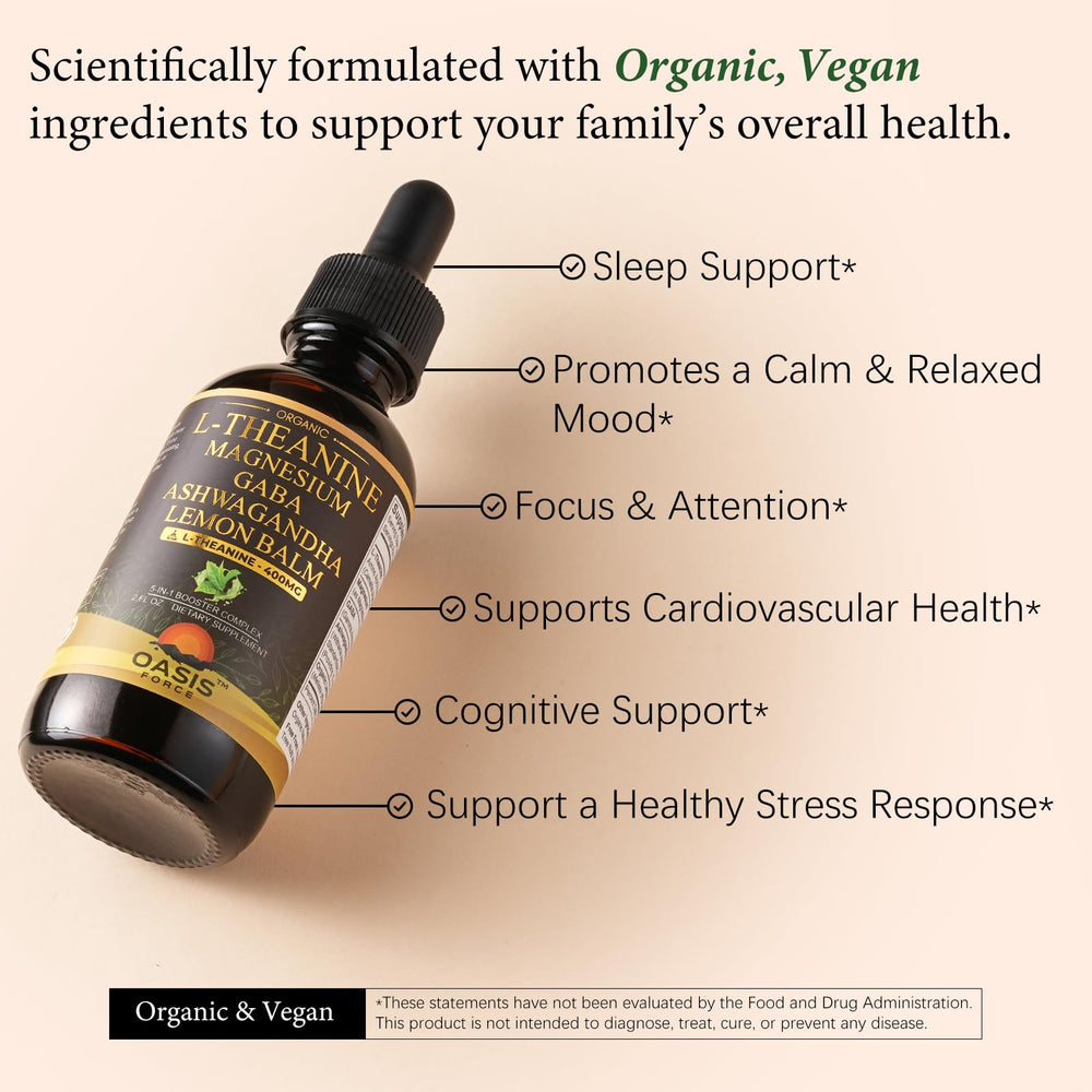 Oasis Force L-Theanine Drops label close-up shows 400 mg per serving.