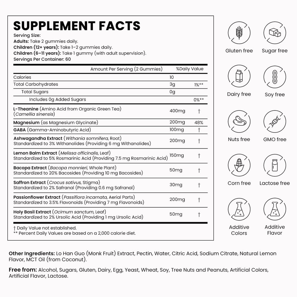 OASIS FORCE L-Theanine Gummies label details—9-in-1 blend benefits highlighted.