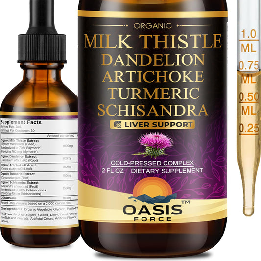 Oasis Force Milk Thistle liquid bottle showing premium liver support formula