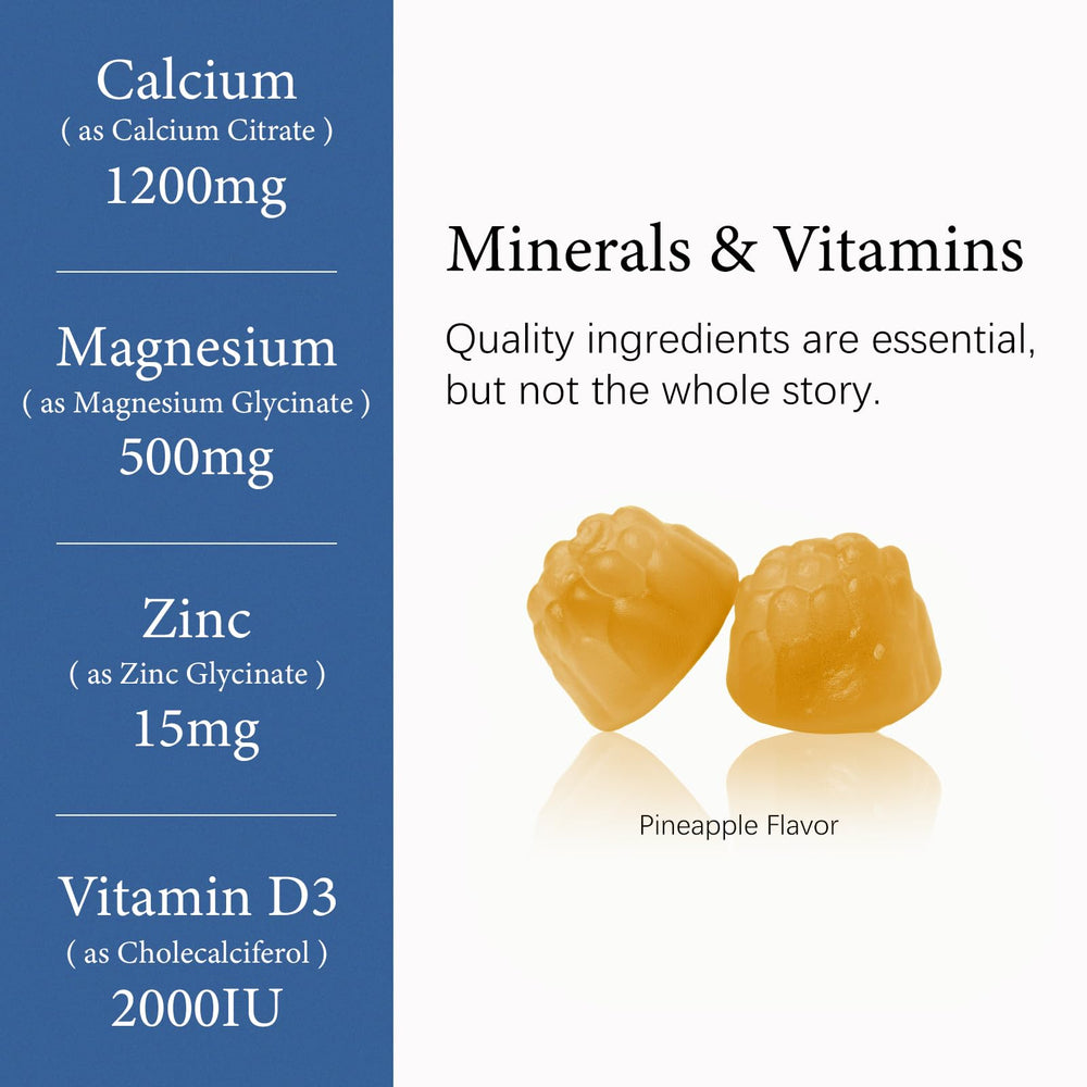 Close-up of pineapple-flavored gummies from OASIS FORCE for tasty calcium intake.