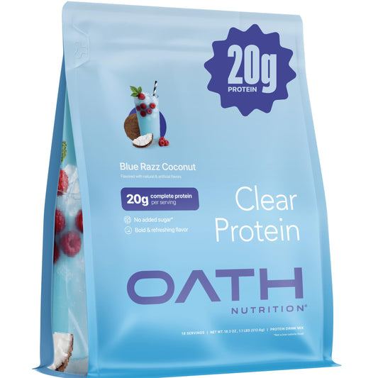 Oath Nutrition Clear Whey bottle in Blue Razz Coconut for post-workout refreshment.