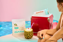 Oath Nutrition packaging on shelf highlighting high-protein, no added sugar