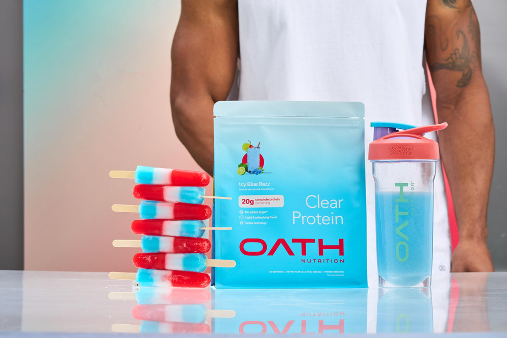Oath Nutrition Clear Whey grass-fed protein badge emphasizes clean sourcing.