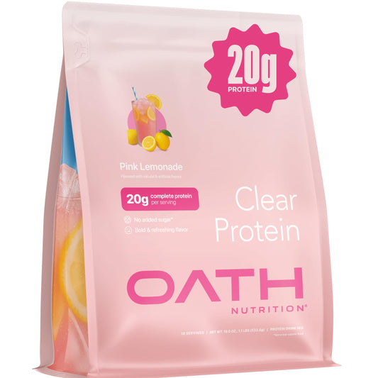 Oath Nutrition Clear Whey Pink Lemonade bottle for refreshing post-workout hydration.