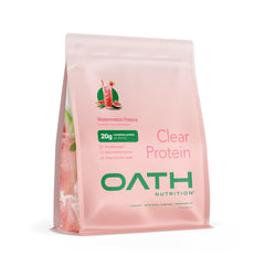 Oath Nutrition Clear Whey Watermelon Fresca being poured for a refreshing workout sip.